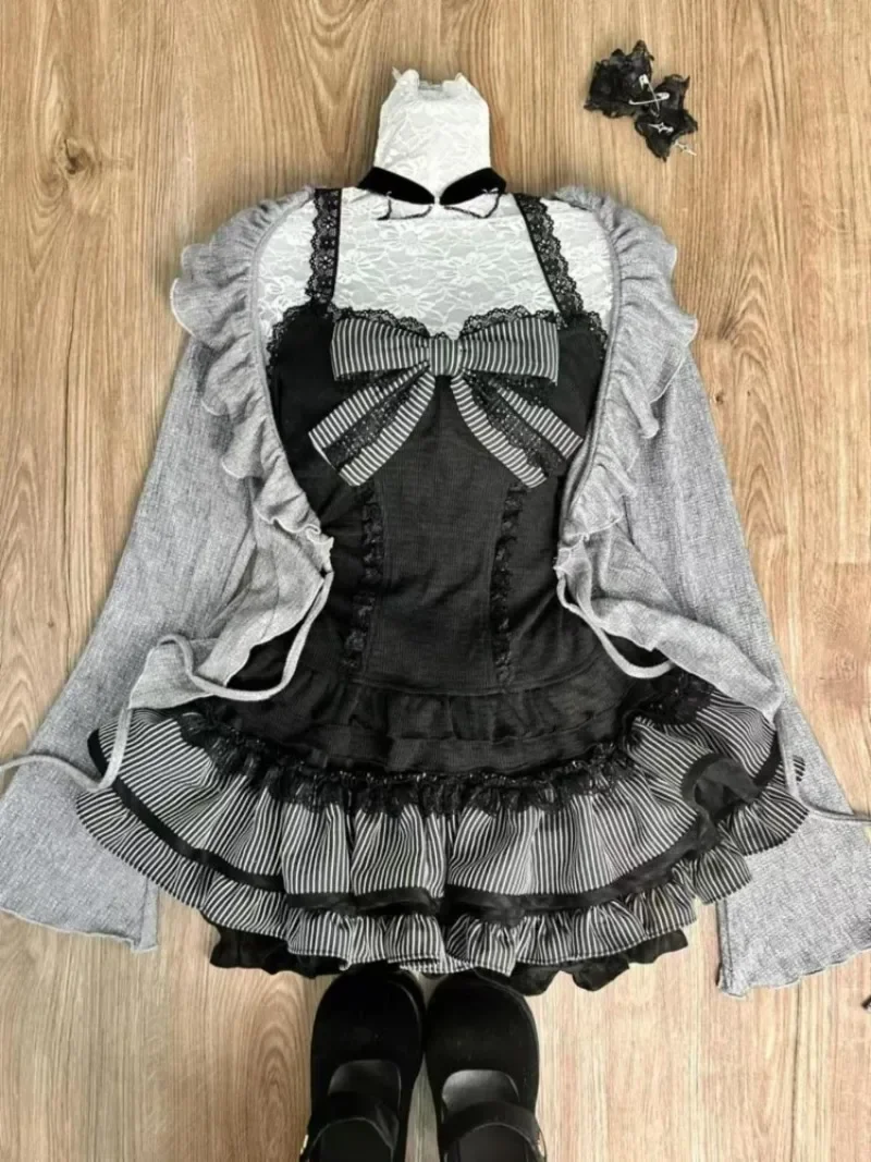 Sweet Lolita Early Autumn Three Piece Set Lace up Ruffles Cardigan Sexy Slim Fit Strapless Vest Tops High Waist Ruched Skirts