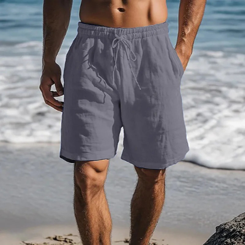 Men Cotton Linen Shorts Summer Lightweight Breathable Casual Beach Style Shorts Basic Solid Color Sweatpants Elastic Waist