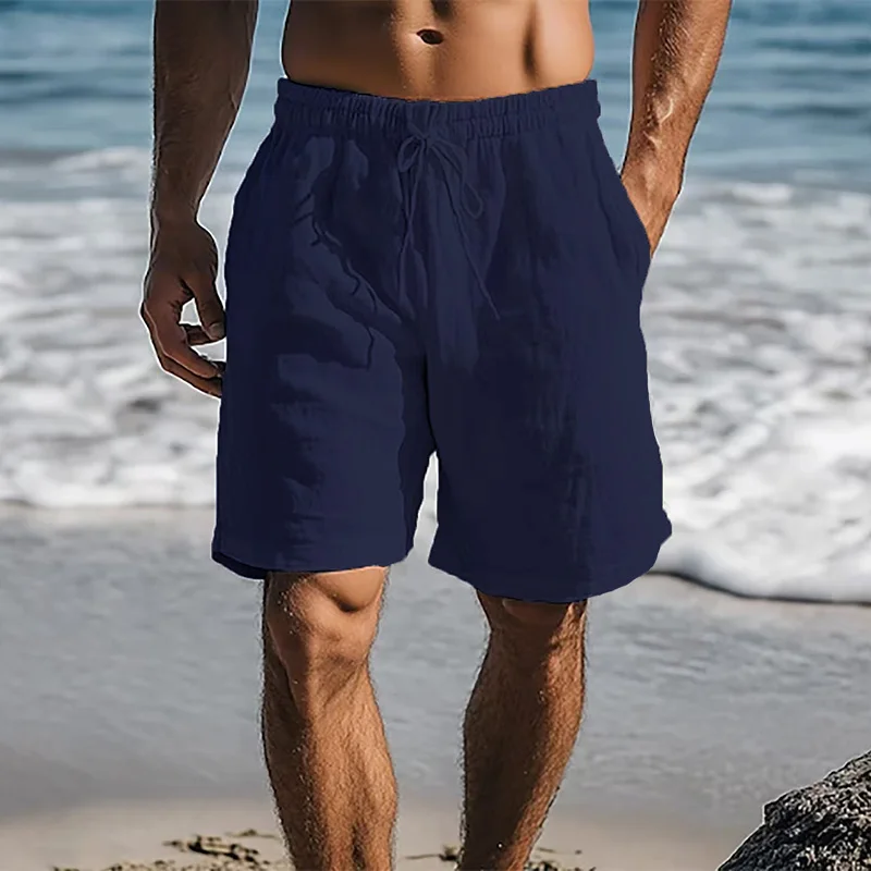 Men Cotton Linen Shorts Summer Lightweight Breathable Casual Beach Style Shorts Basic Solid Color Sweatpants Elastic Waist