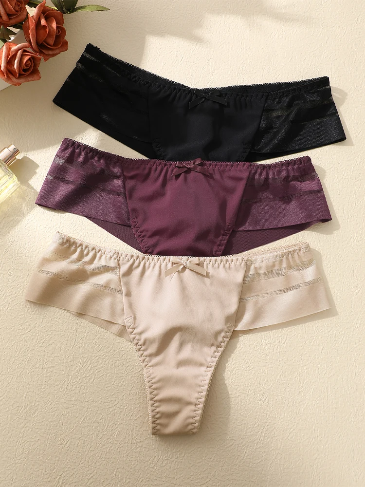 FINETOO 3pcs Women's Lace Hollow Out Underwear Sexy Breathable Low-Waist Thongs Female Comfort Stretchy Lingerie Bikini Panties