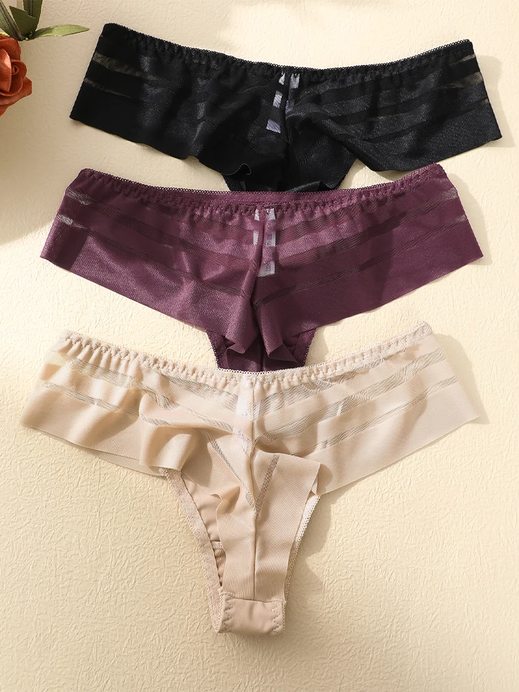 FINETOO 3pcs Women's Lace Hollow Out Underwear Sexy Breathable Low-Waist Thongs Female Comfort Stretchy Lingerie Bikini Panties