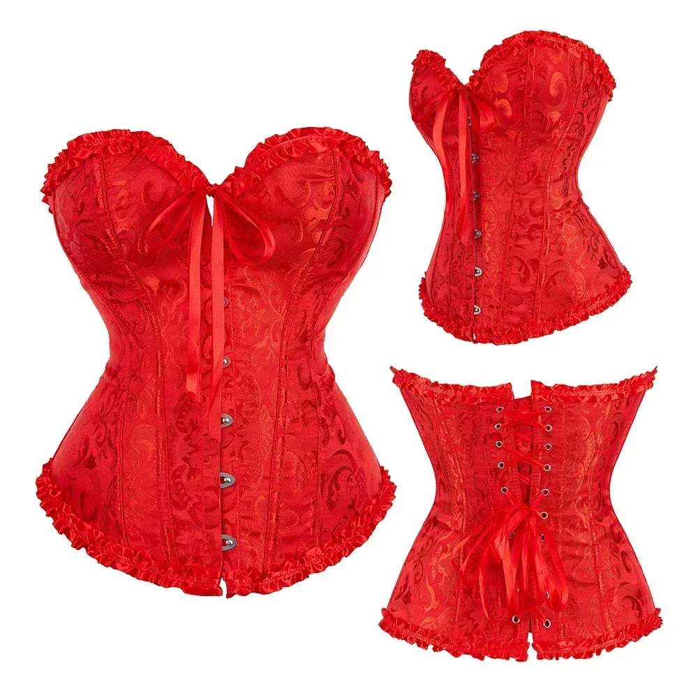 Women Corset Top Jacquard Overbust Bustier Victorian Sexy Lace up Floral Lingerie Korset Vintage Gothic Basques Costume