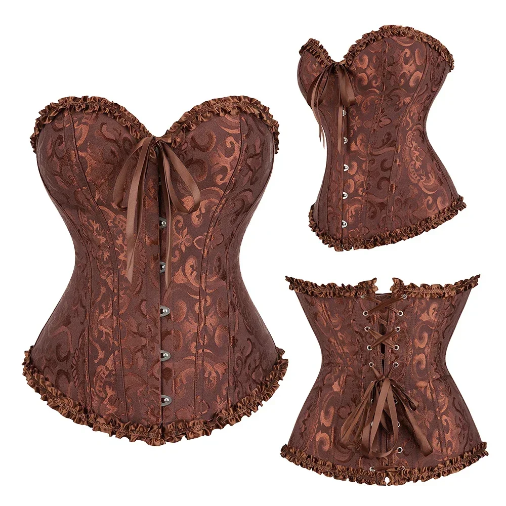 Women Corset Top Jacquard Overbust Bustier Victorian Sexy Lace up Floral Lingerie Korset Vintage Gothic Basques Costume