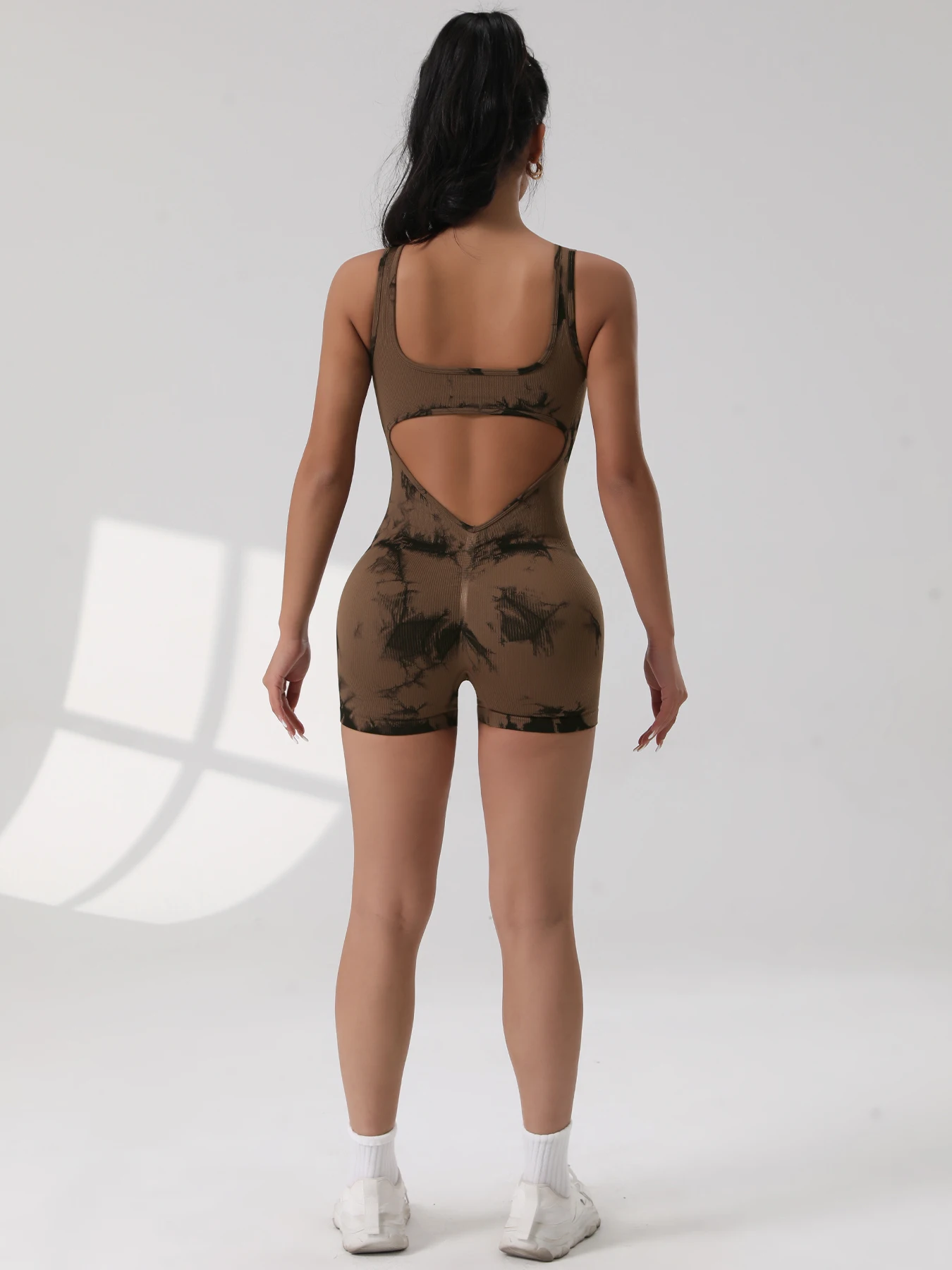 1PCS Backless Yoga Suit U Neck Sleeveless Sports Jumpsuit Solid Colour Threaded Stretch Women Bodysuit Without Bust Pads
