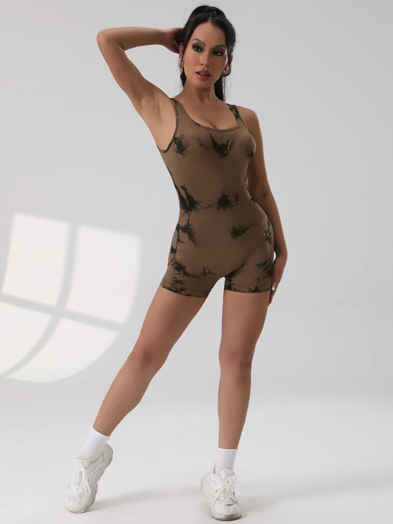 1PCS Backless Yoga Suit U Neck Sleeveless Sports Jumpsuit Solid Colour Threaded Stretch Women Bodysuit Without Bust Pads