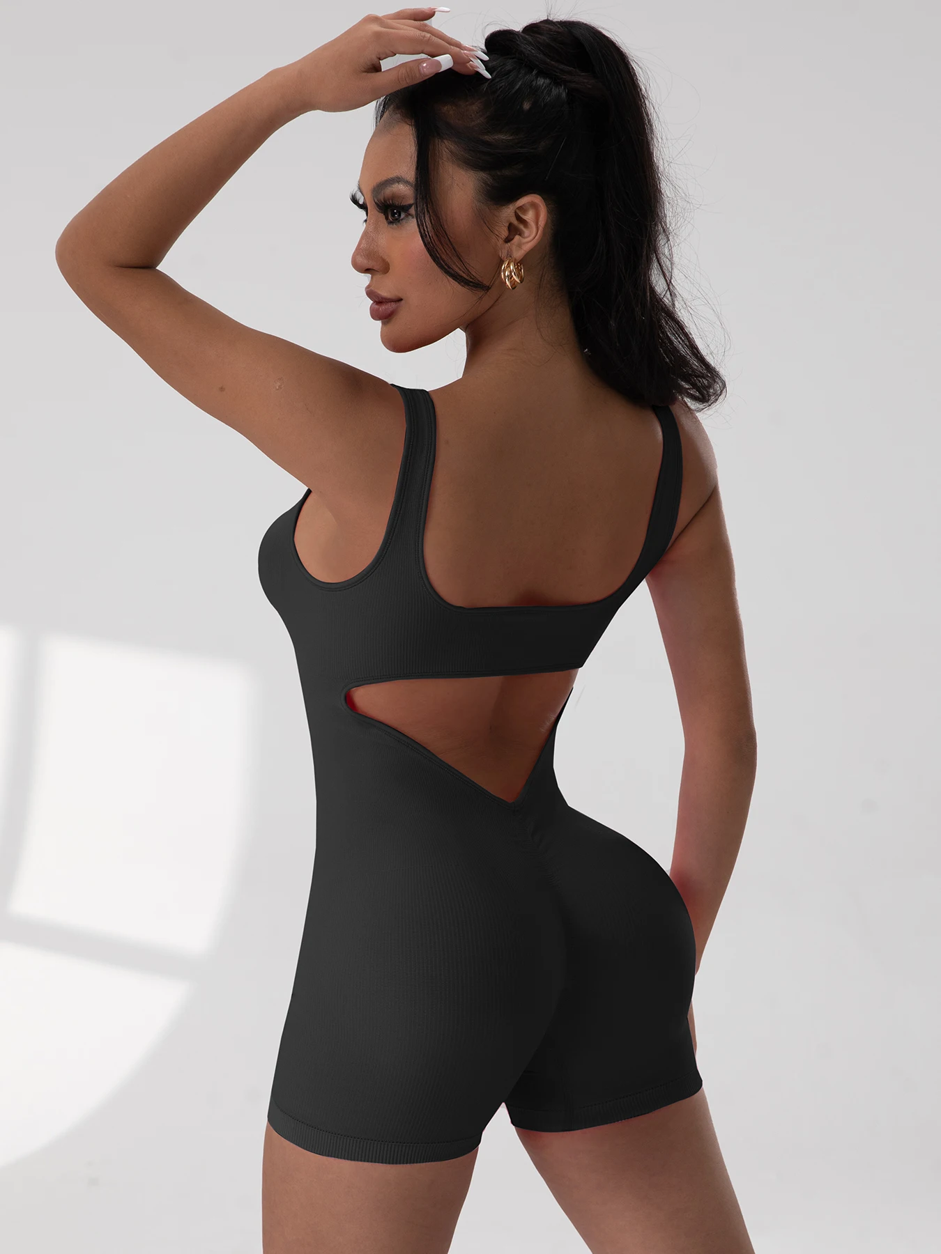 1PCS Backless Yoga Suit U Neck Sleeveless Sports Jumpsuit Solid Colour Threaded Stretch Women Bodysuit Without Bust Pads