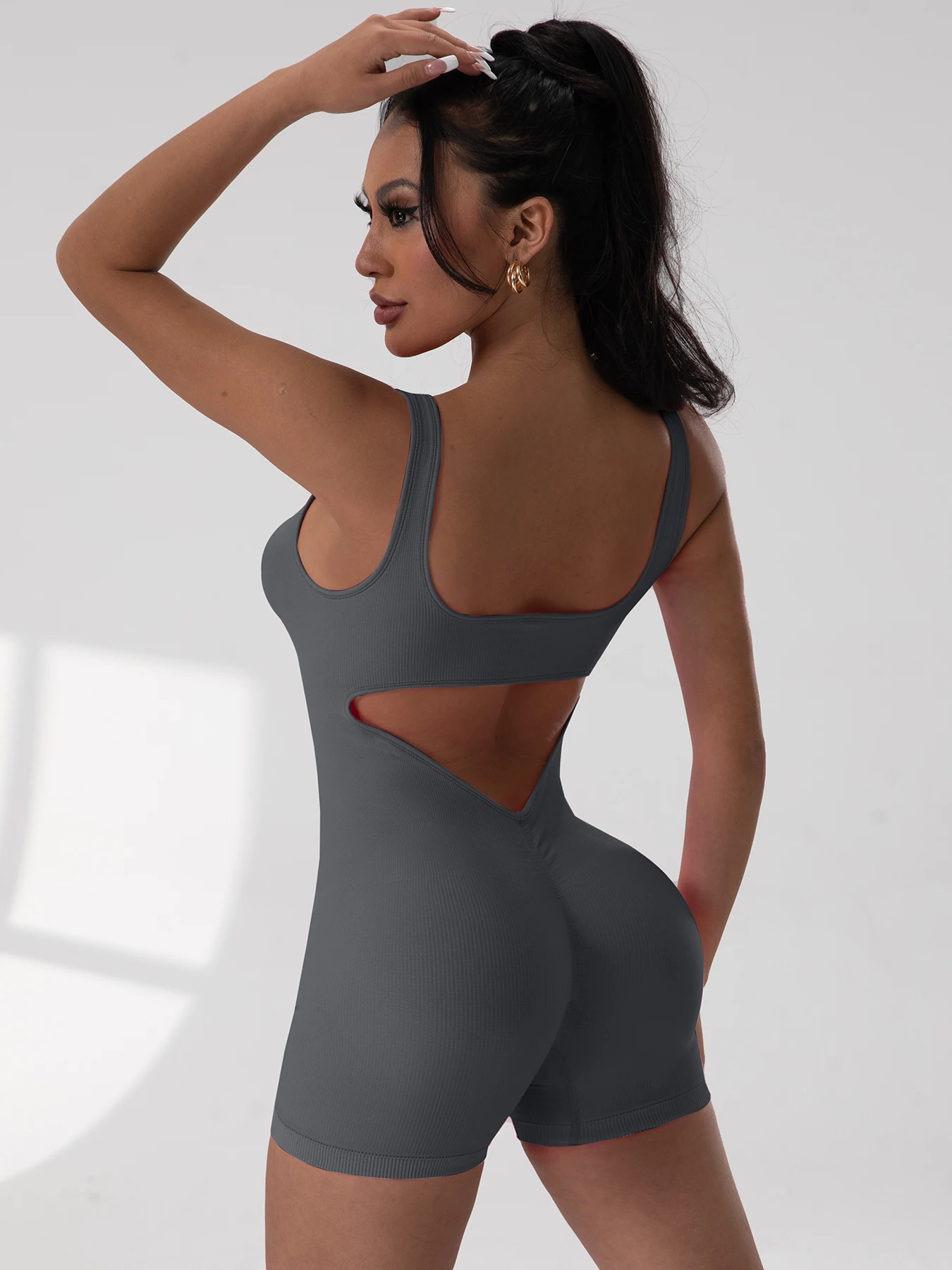 1PCS Backless Yoga Suit U Neck Sleeveless Sports Jumpsuit Solid Colour Threaded Stretch Women Bodysuit Without Bust Pads