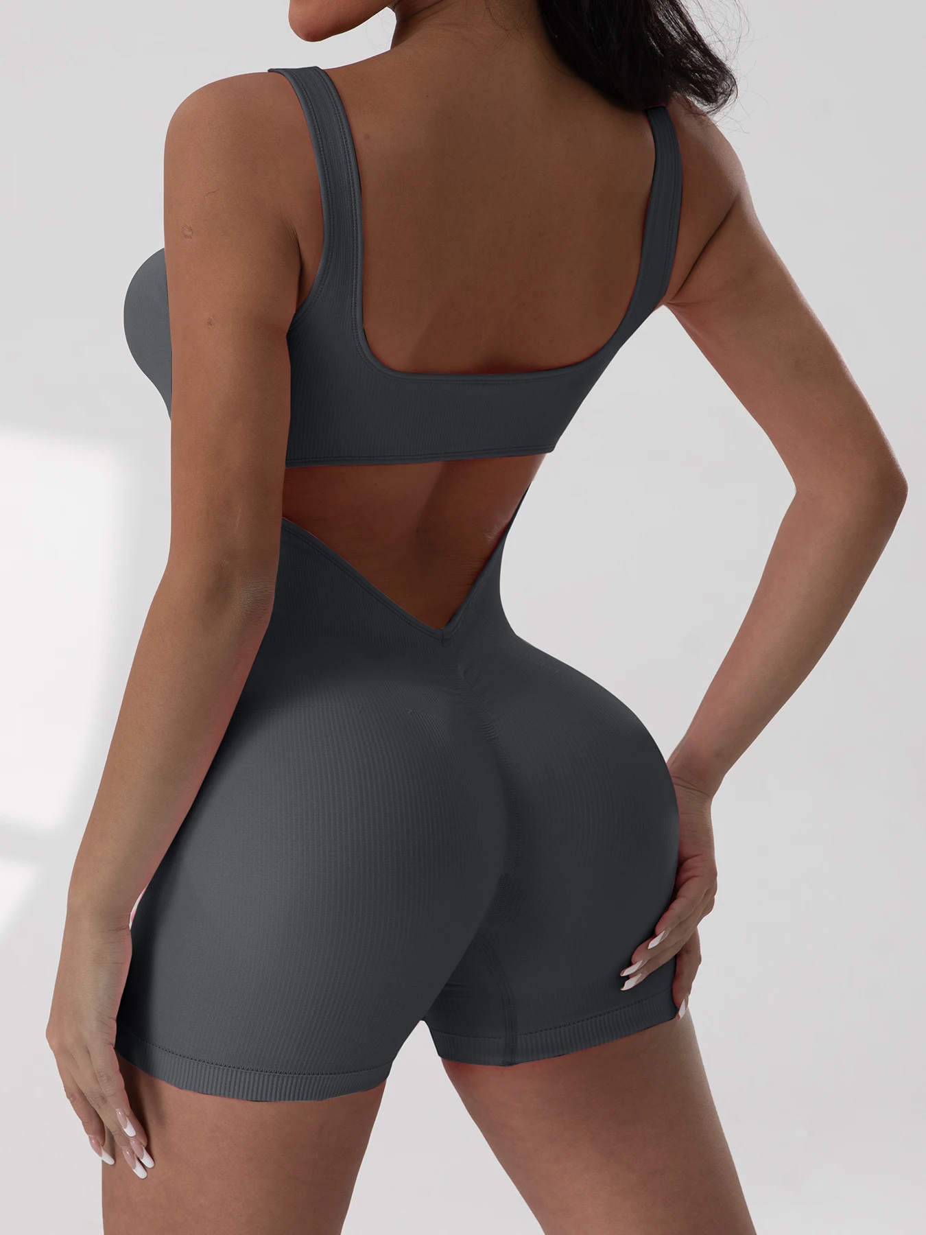 1PCS Backless Yoga Suit U Neck Sleeveless Sports Jumpsuit Solid Colour Threaded Stretch Women Bodysuit Without Bust Pads