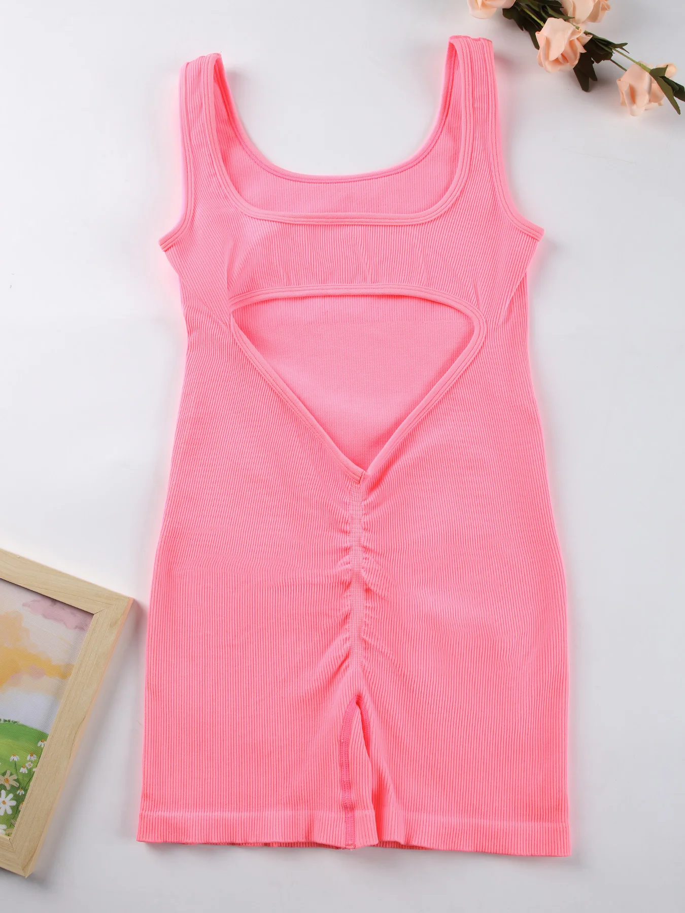 1PCS Backless Yoga Suit U Neck Sleeveless Sports Jumpsuit Solid Colour Threaded Stretch Women Bodysuit Without Bust Pads