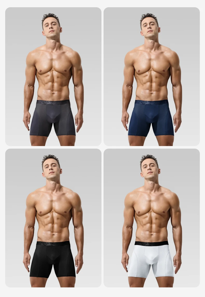 Extra Long Sports Underwear Men's Boxer Briefs Anti-Wear Leg Running Large Size Breathable Training Boxer Briefs