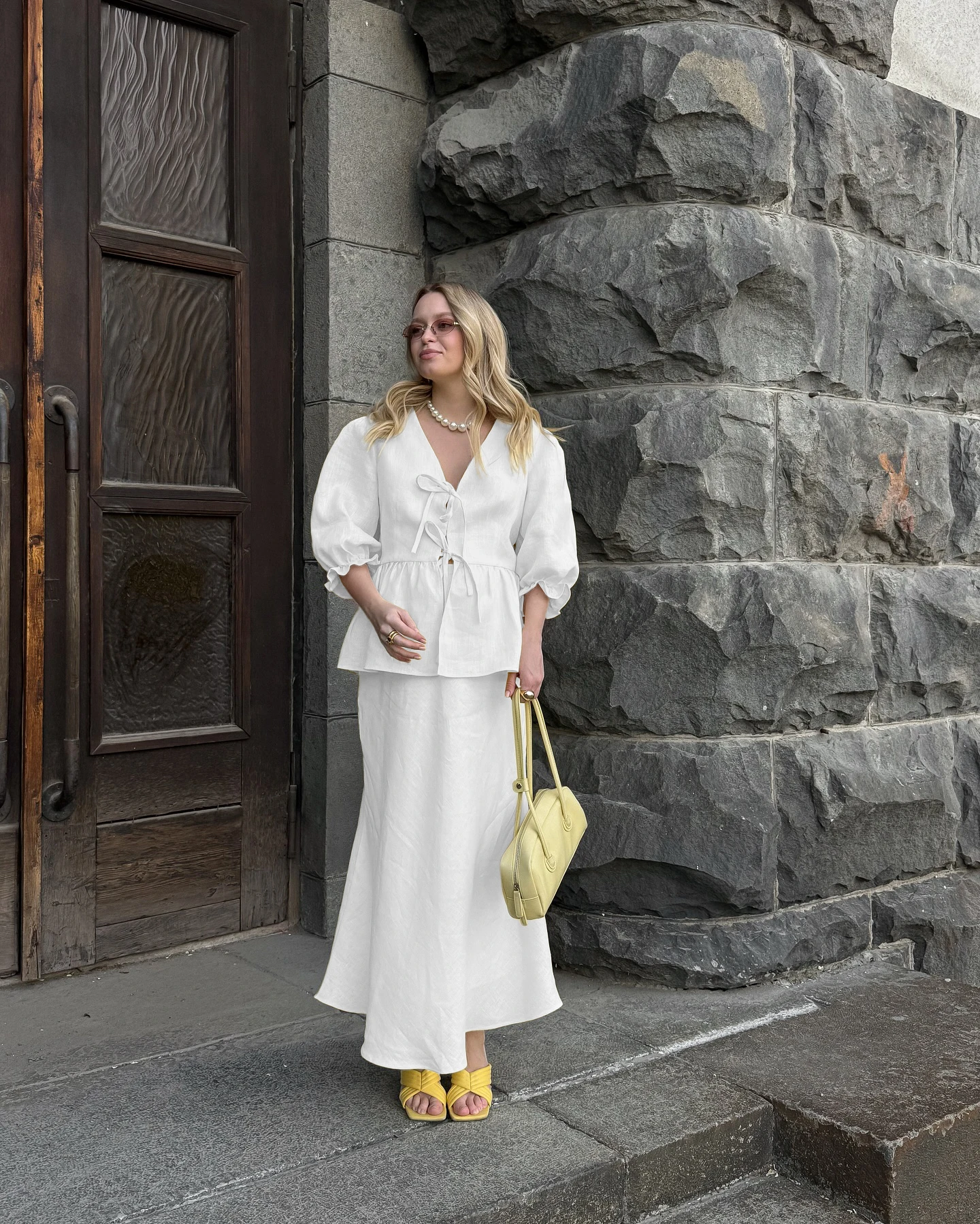 Bornladies 2025 Summer Women's 100% Cotton V-Neck Lace-Up Bubble Sleeve Shirt Long Skirt Set Loose Casual Two-Piece Suit