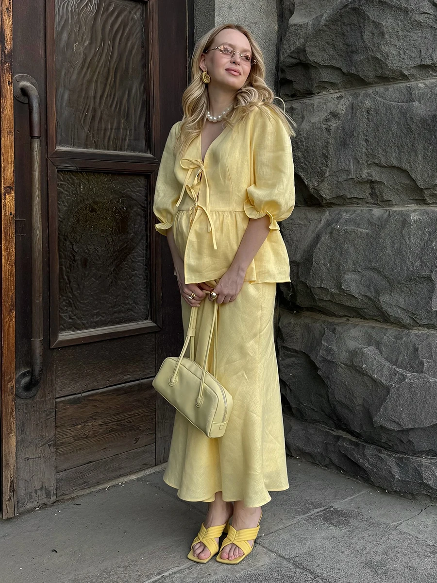 Bornladies 2025 Summer Women's 100% Cotton V-Neck Lace-Up Bubble Sleeve Shirt Long Skirt Set Loose Casual Two-Piece Suit