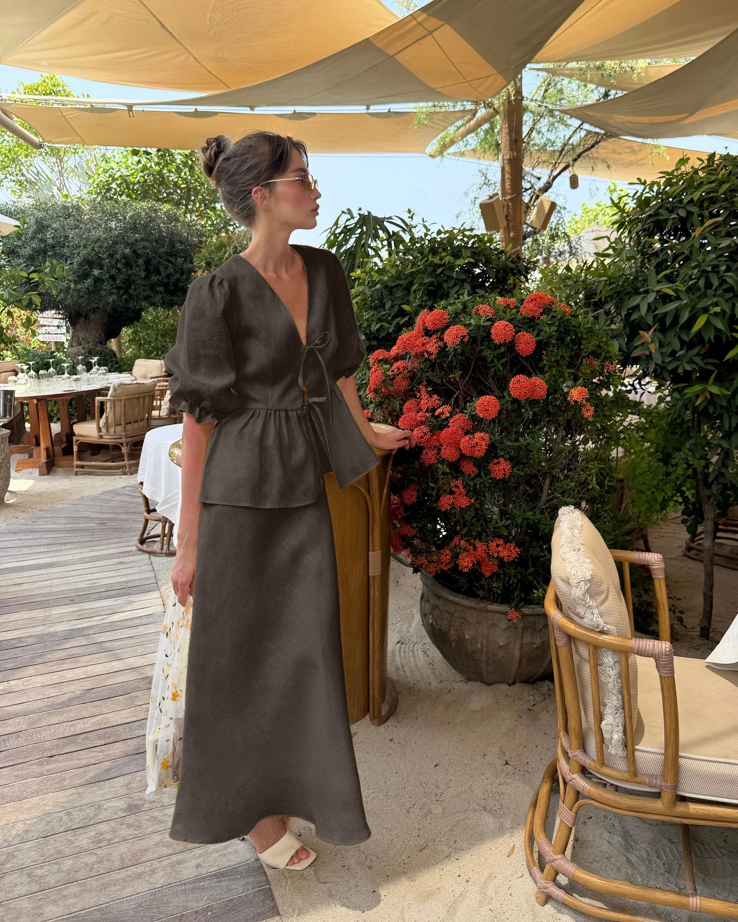 Bornladies 2025 Summer Women's 100% Cotton V-Neck Lace-Up Bubble Sleeve Shirt Long Skirt Set Loose Casual Two-Piece Suit