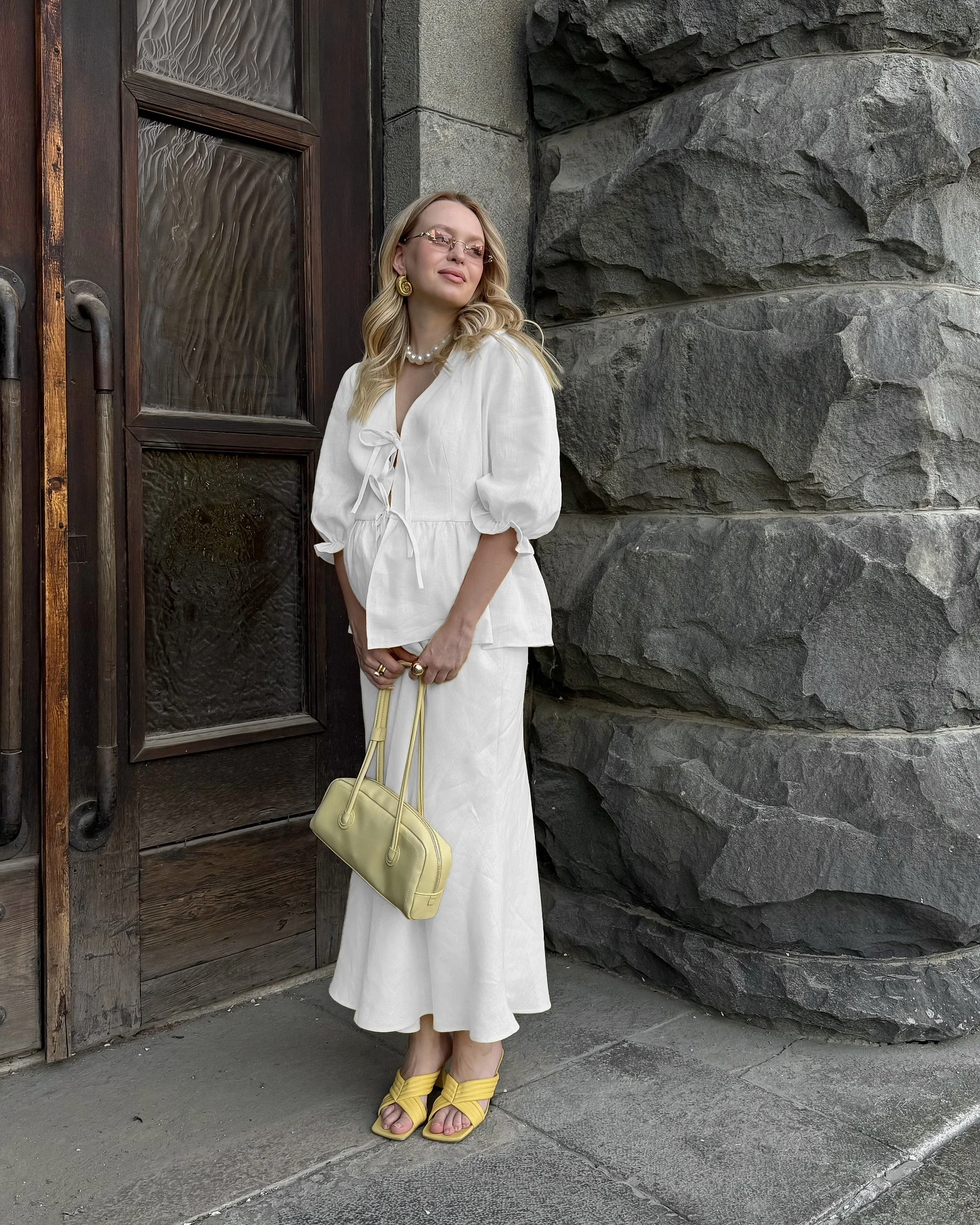 Bornladies 2025 Summer Women's 100% Cotton V-Neck Lace-Up Bubble Sleeve Shirt Long Skirt Set Loose Casual Two-Piece Suit