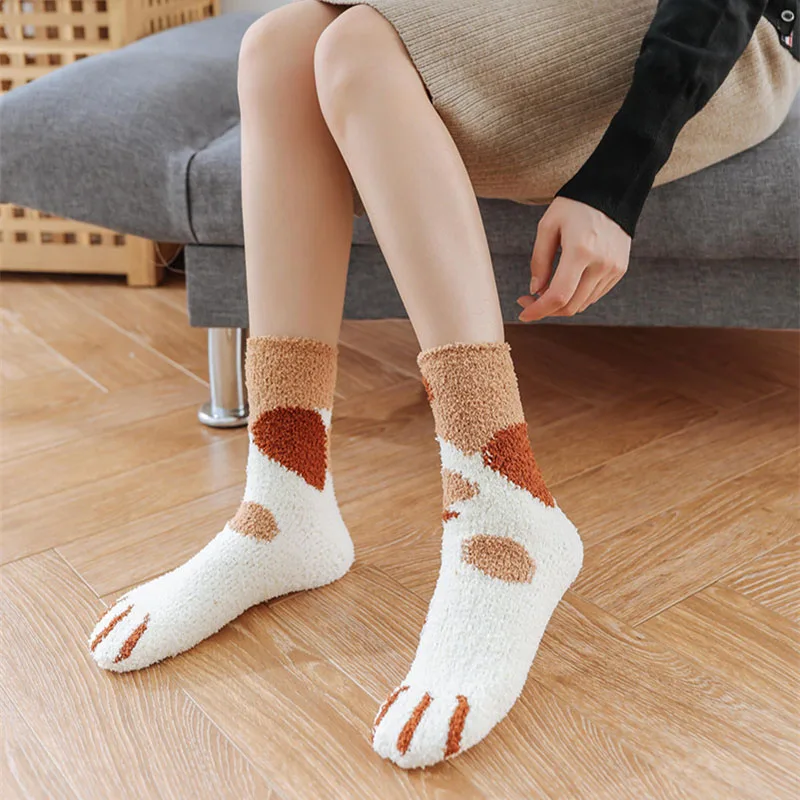 3 Pairs Womens Cats Paw Stripe 3D Socks Thick Girls Cartoon Animal Fingers Sock Hosiery Toe Zebra/Tiger/Cat Foot Sox
