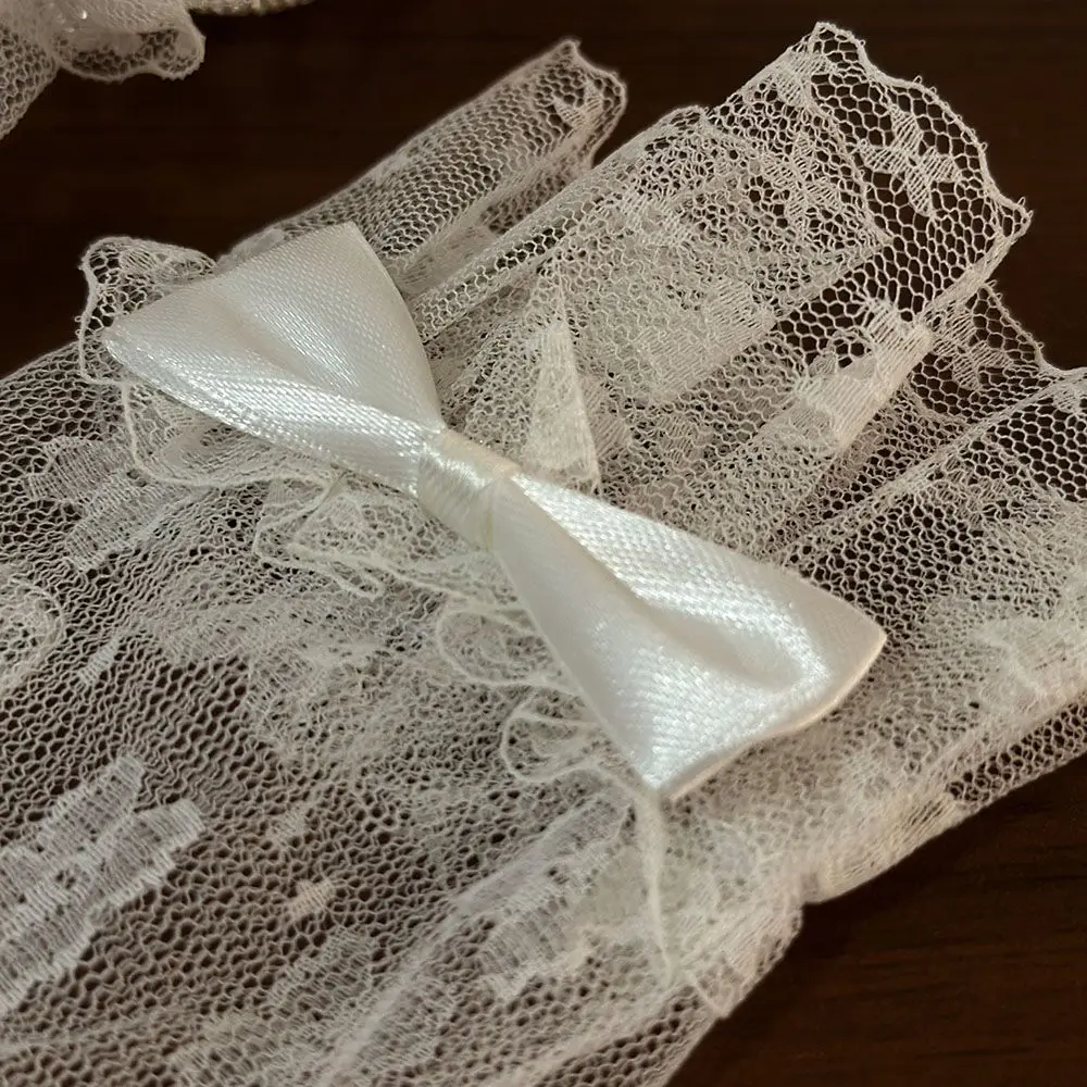 Bridal Dress Gloves Vintage Lace White Mesh Bow Knot Pearl Wedding Dress License Photo Gloves