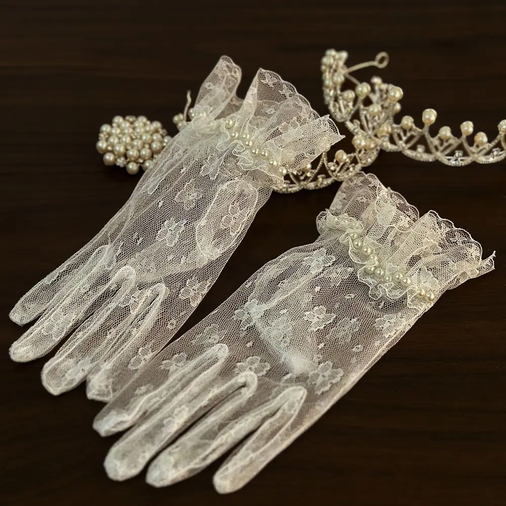 Bridal Dress Gloves Vintage Lace White Mesh Bow Knot Pearl Wedding Dress License Photo Gloves