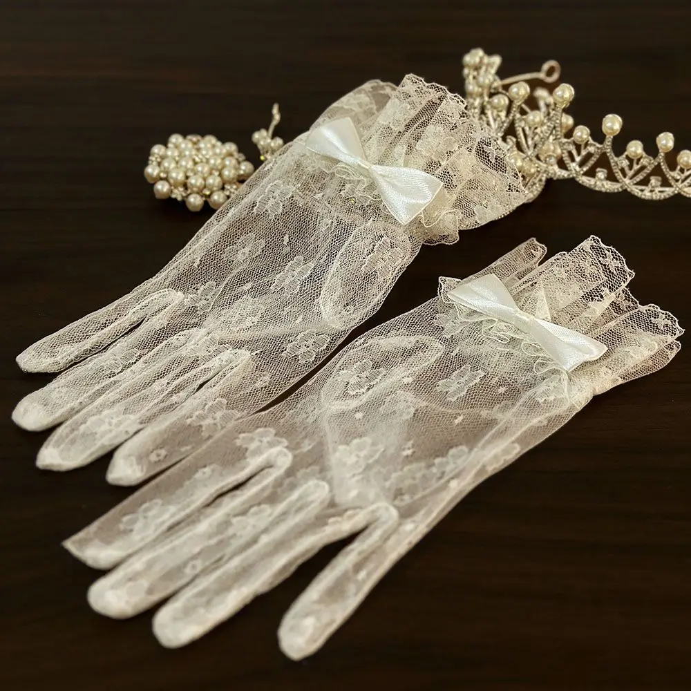 Bridal Dress Gloves Vintage Lace White Mesh Bow Knot Pearl Wedding Dress License Photo Gloves