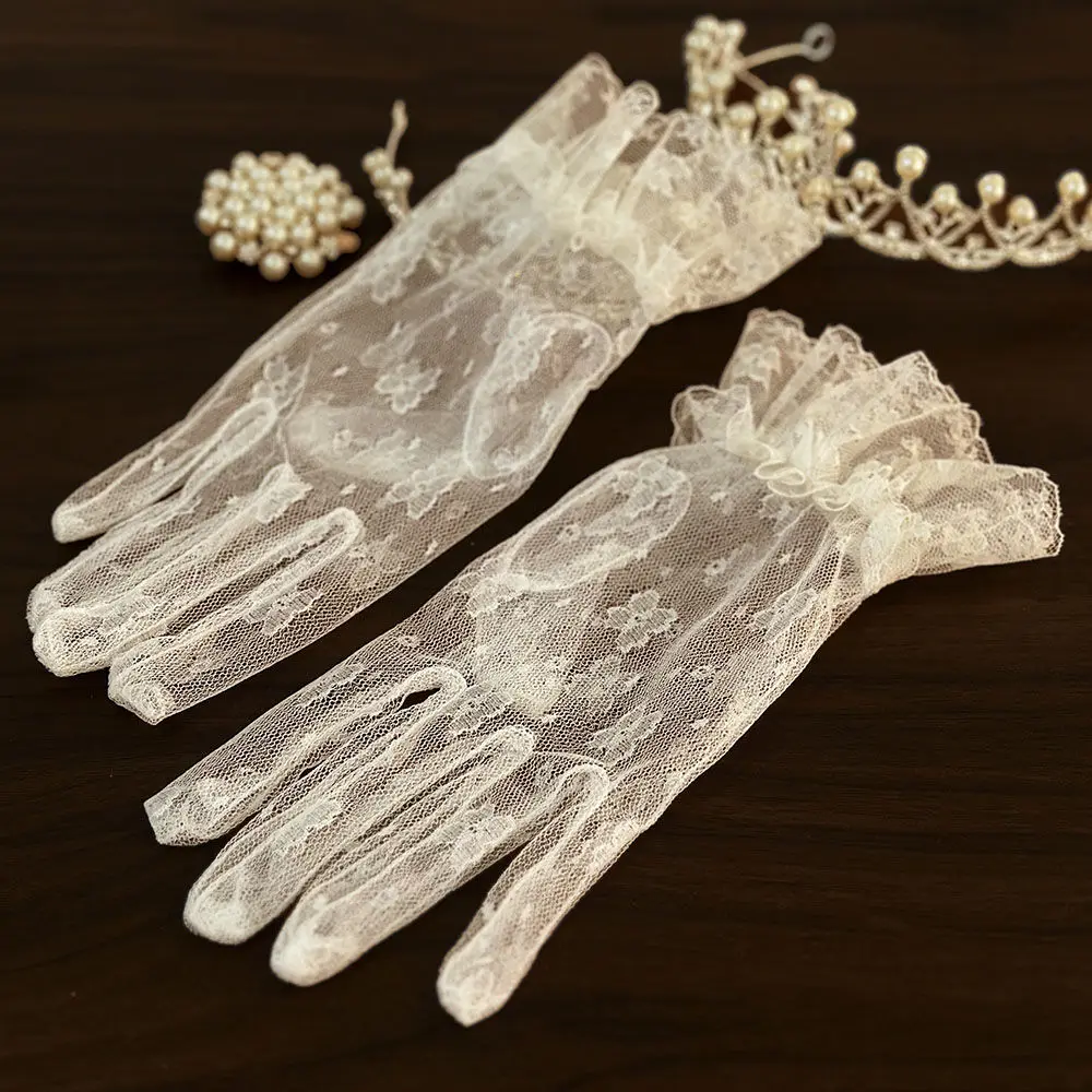 Bridal Dress Gloves Vintage Lace White Mesh Bow Knot Pearl Wedding Dress License Photo Gloves