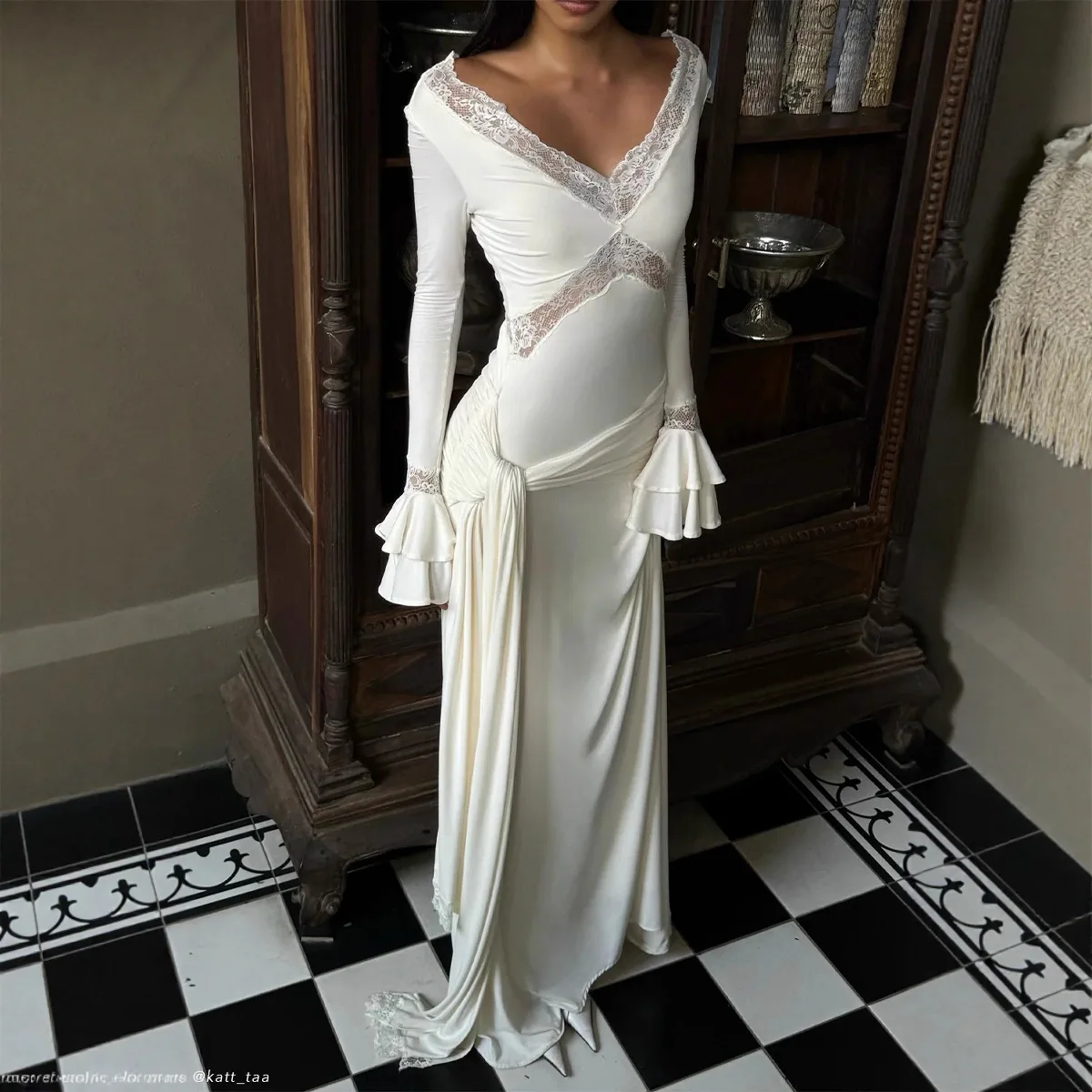 Women Elegant Long Sleeve Deep V-Neck Maxi Dress White Slim Fit Ruched Lace Patchwork High Waist Party Wedding Sexy Evening Gown