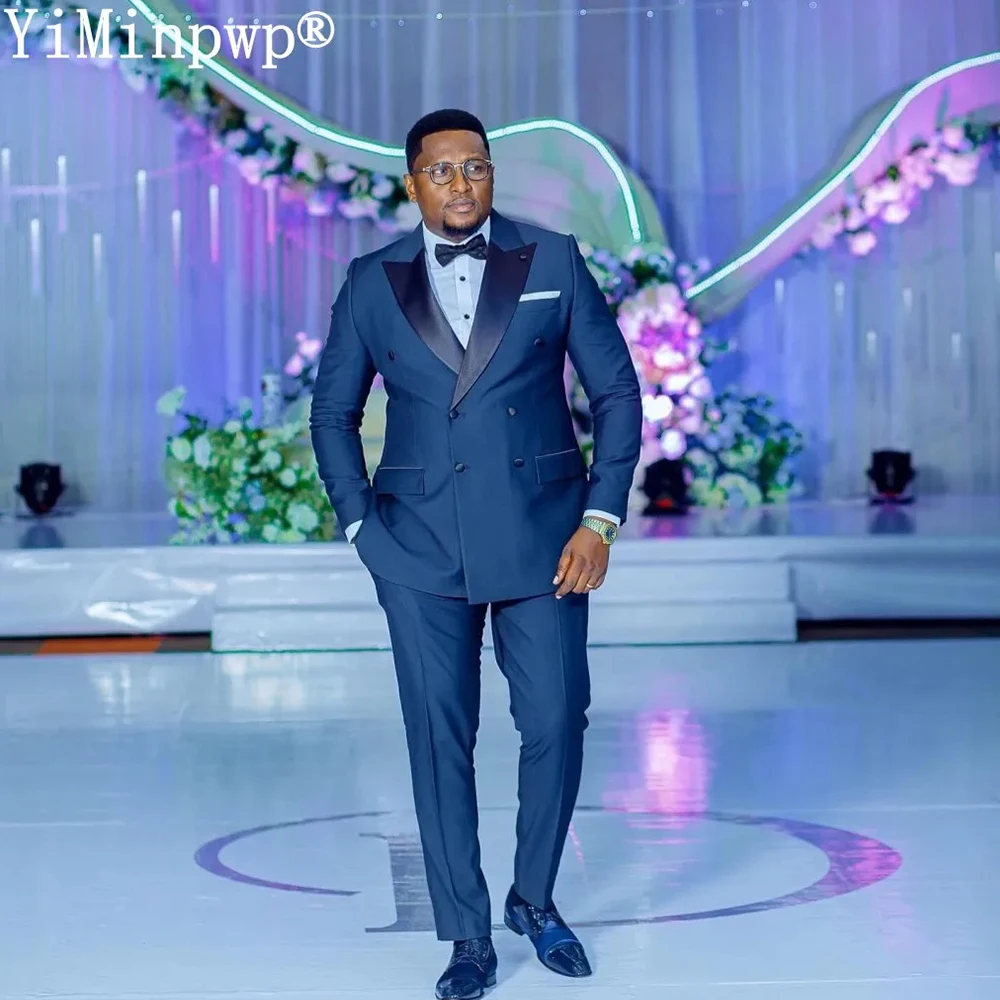 Navy Blue Men Suits 2 Pieces with Peaked Lapel Double Breasted Groom Wedding Suit for Man Office Blazer Jacket+Pants Customized
