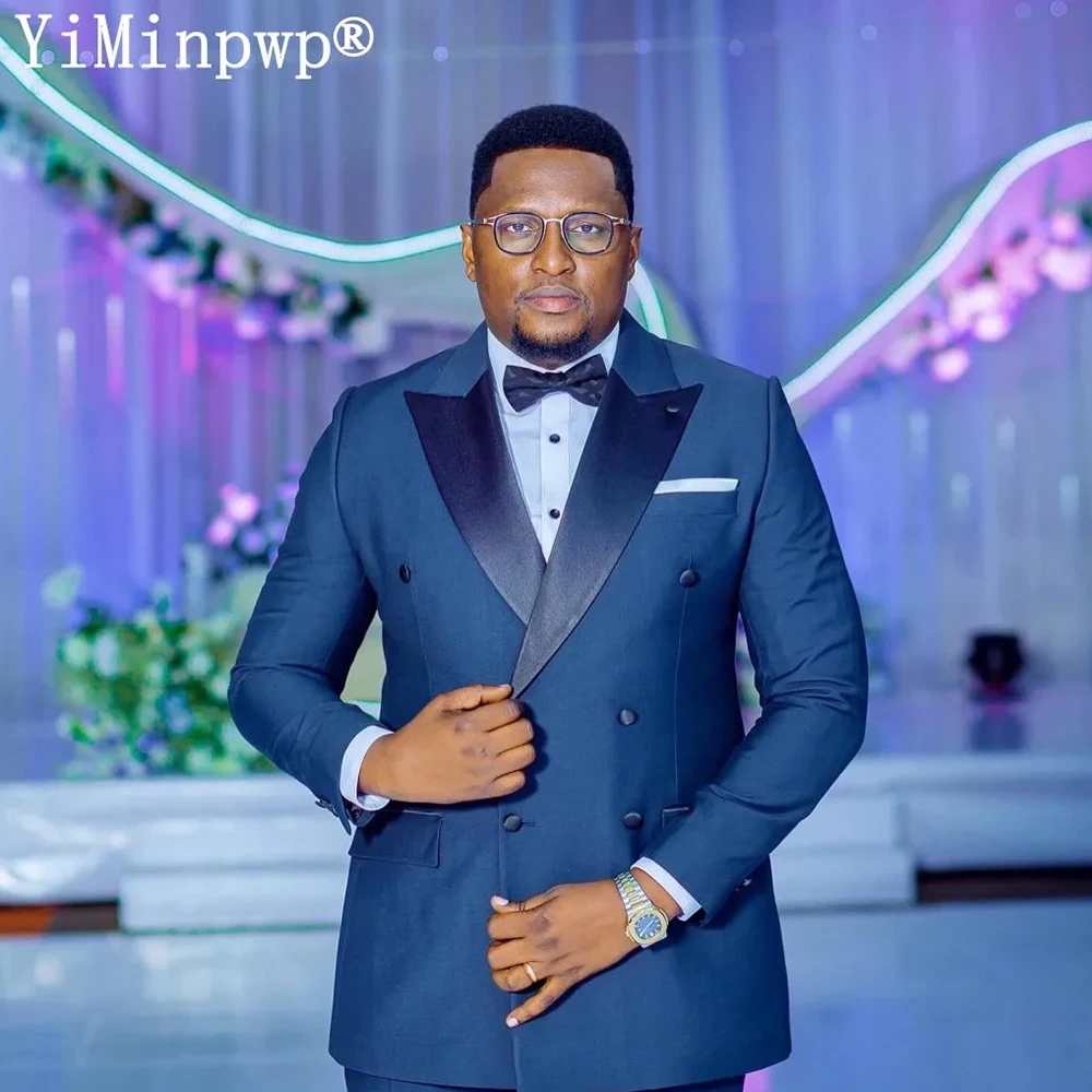 Navy Blue Men Suits 2 Pieces with Peaked Lapel Double Breasted Groom Wedding Suit for Man Office Blazer Jacket+Pants Customized