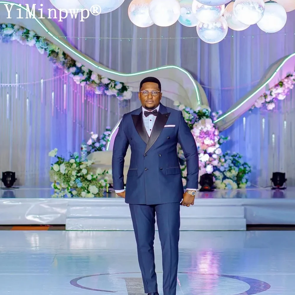 Navy Blue Men Suits 2 Pieces with Peaked Lapel Double Breasted Groom Wedding Suit for Man Office Blazer Jacket+Pants Customized