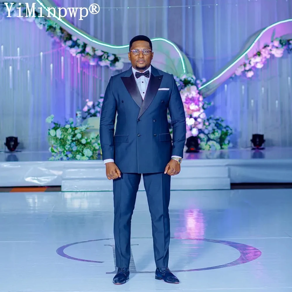 Navy Blue Men Suits 2 Pieces with Peaked Lapel Double Breasted Groom Wedding Suit for Man Office Blazer Jacket+Pants Customized