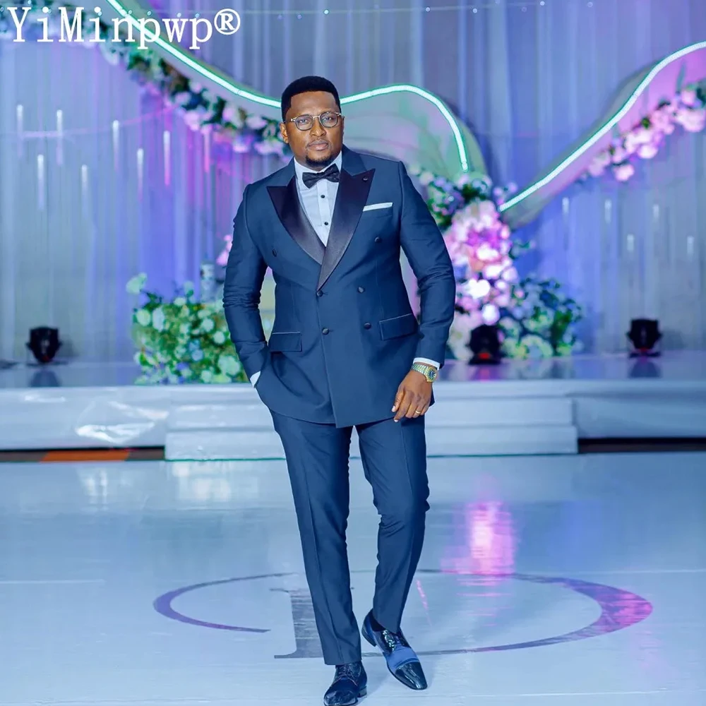 Navy Blue Men Suits 2 Pieces with Peaked Lapel Double Breasted Groom Wedding Suit for Man Office Blazer Jacket+Pants Customized