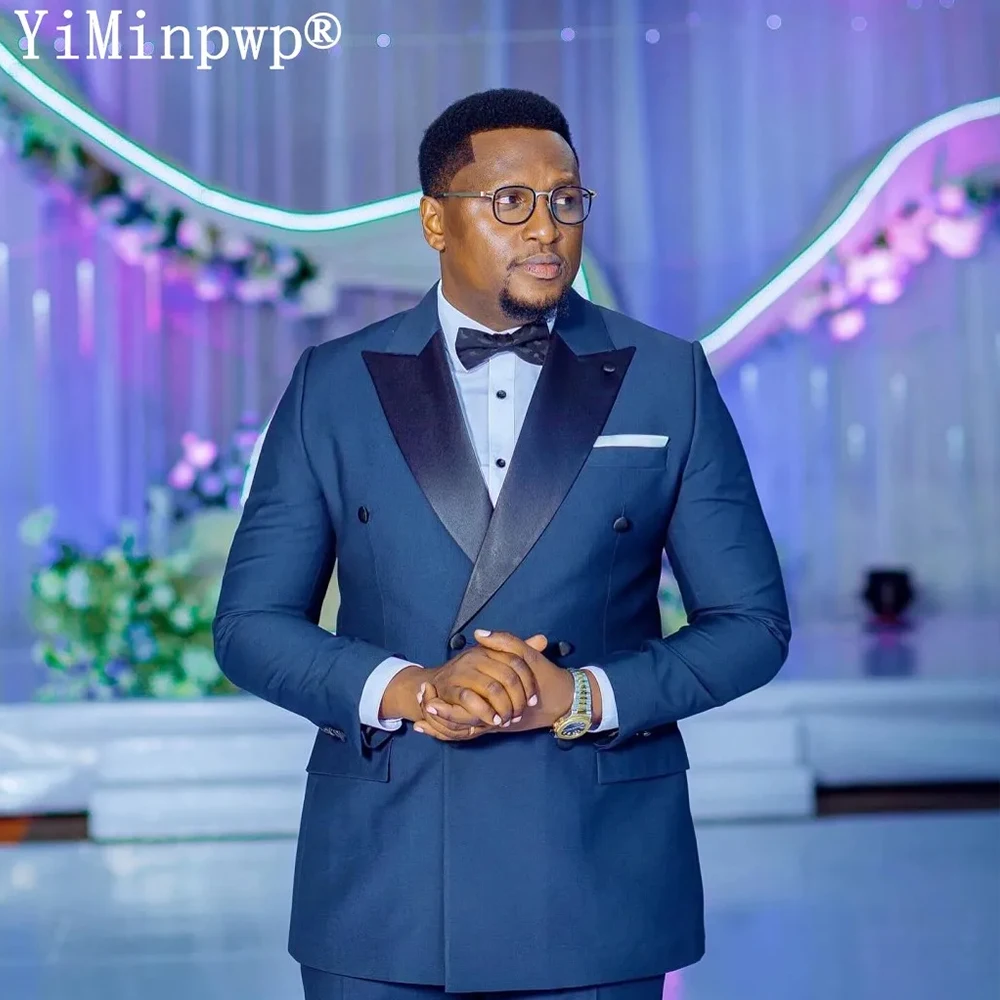 Navy Blue Men Suits 2 Pieces with Peaked Lapel Double Breasted Groom Wedding Suit for Man Office Blazer Jacket+Pants Customized