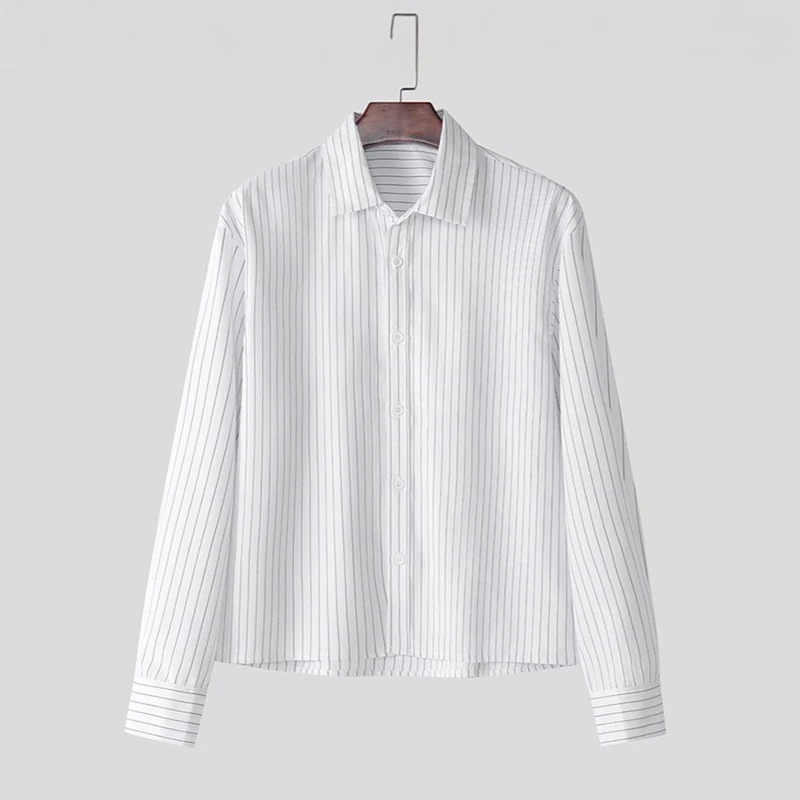 New British Retro Men Striped Shirts Trendy Loose Lapel Long Sleeve Cardigan Tops Autumn Leisure High Quality Basic Blouse S-2XL
