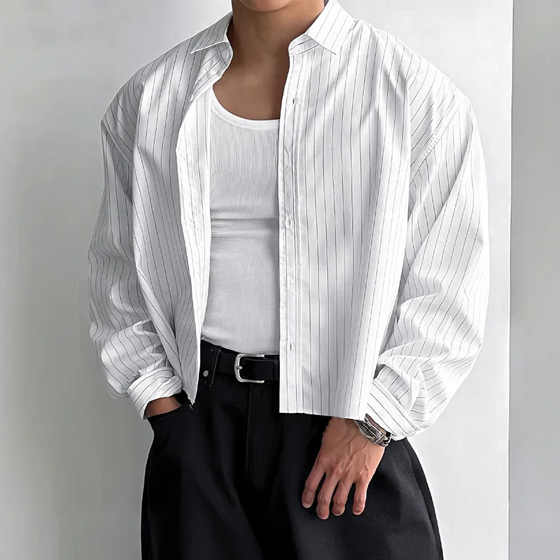 New British Retro Men Striped Shirts Trendy Loose Lapel Long Sleeve Cardigan Tops Autumn Leisure High Quality Basic Blouse S-2XL