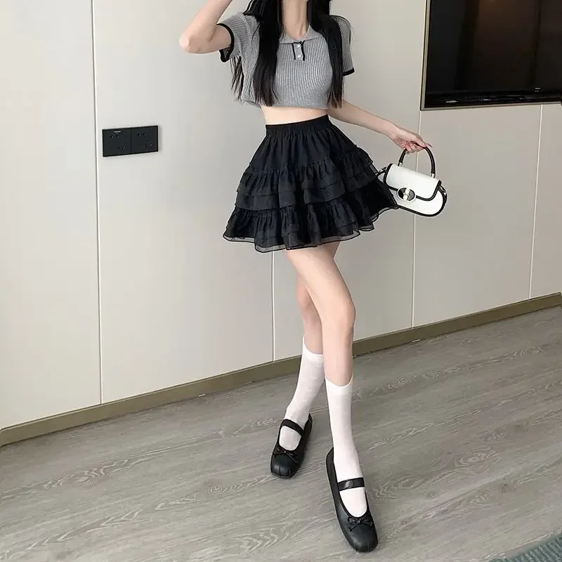 New In Clothes Sweet Korean Casual Summer Trend White Lace Cake Mini Skirt Ballet Syle High Waisted Mesh Canopy Short Dress