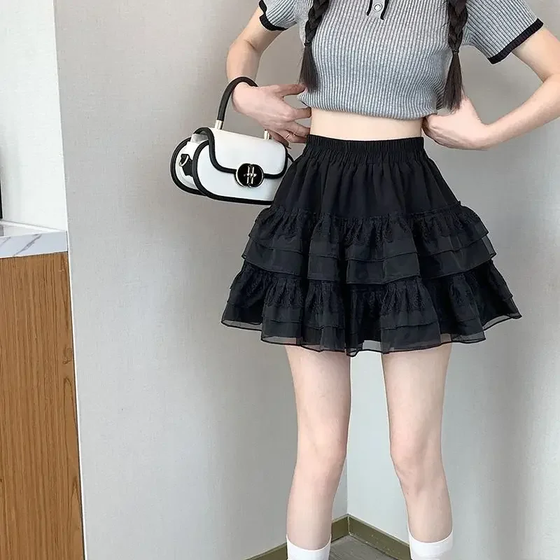 New In Clothes Sweet Korean Casual Summer Trend White Lace Cake Mini Skirt Ballet Syle High Waisted Mesh Canopy Short Dress