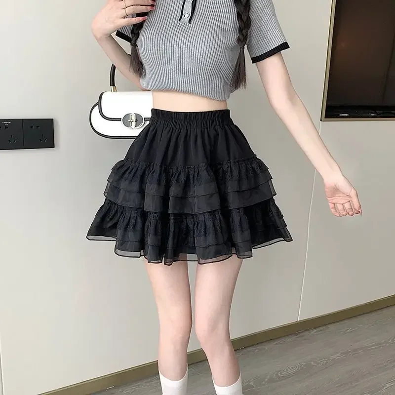 New In Clothes Sweet Korean Casual Summer Trend White Lace Cake Mini Skirt Ballet Syle High Waisted Mesh Canopy Short Dress