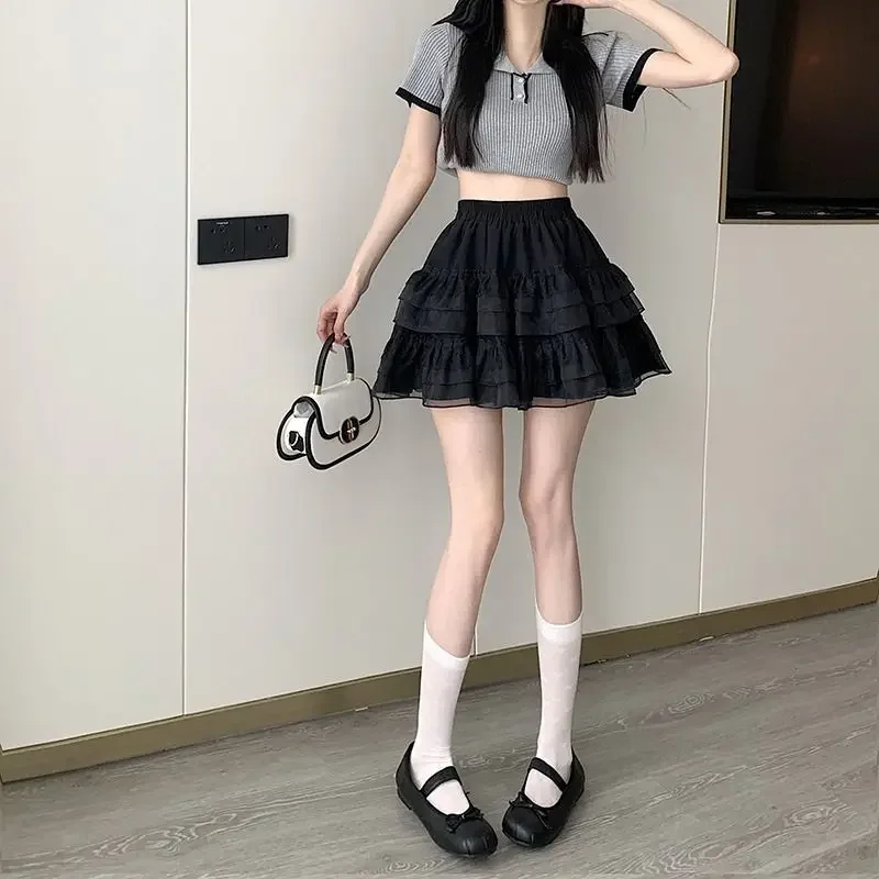 New In Clothes Sweet Korean Casual Summer Trend White Lace Cake Mini Skirt Ballet Syle High Waisted Mesh Canopy Short Dress