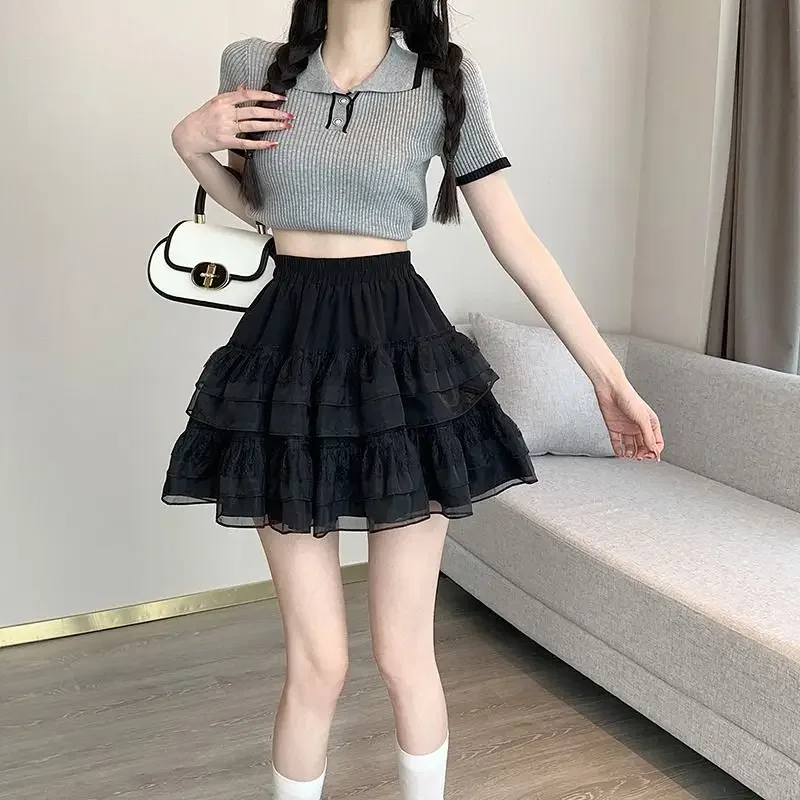 New In Clothes Sweet Korean Casual Summer Trend White Lace Cake Mini Skirt Ballet Syle High Waisted Mesh Canopy Short Dress
