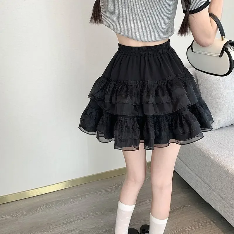 New In Clothes Sweet Korean Casual Summer Trend White Lace Cake Mini Skirt Ballet Syle High Waisted Mesh Canopy Short Dress