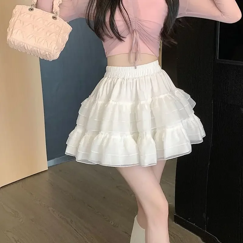 New In Clothes Sweet Korean Casual Summer Trend White Lace Cake Mini Skirt Ballet Syle High Waisted Mesh Canopy Short Dress