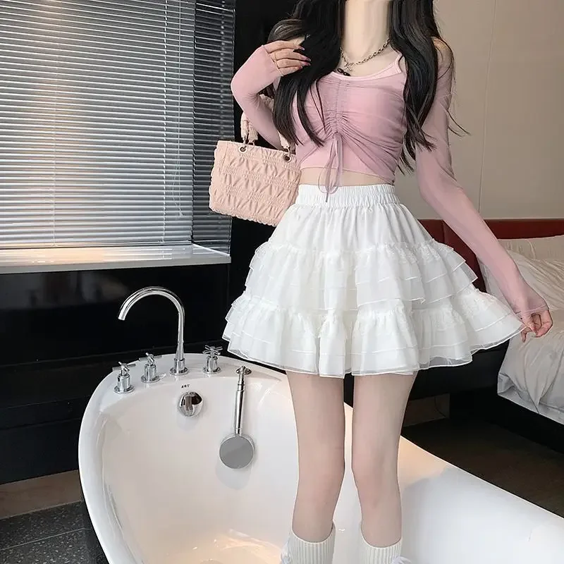 New In Clothes Sweet Korean Casual Summer Trend White Lace Cake Mini Skirt Ballet Syle High Waisted Mesh Canopy Short Dress