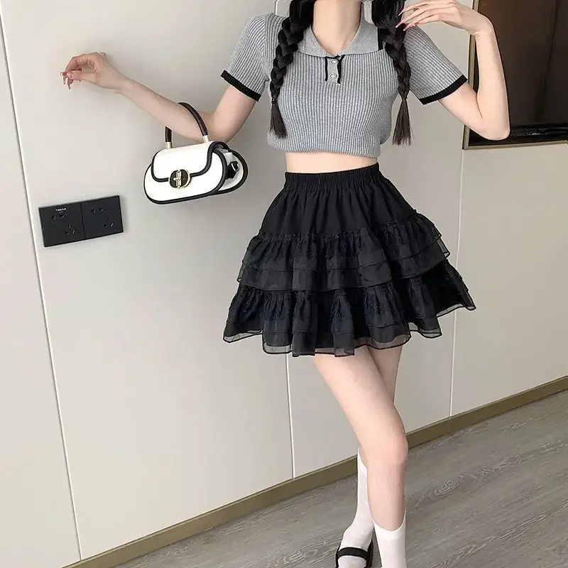New In Clothes Sweet Korean Casual Summer Trend White Lace Cake Mini Skirt Ballet Syle High Waisted Mesh Canopy Short Dress