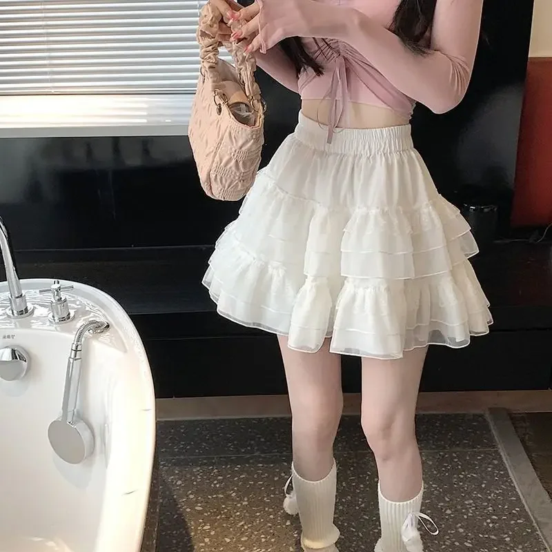 New In Clothes Sweet Korean Casual Summer Trend White Lace Cake Mini Skirt Ballet Syle High Waisted Mesh Canopy Short Dress