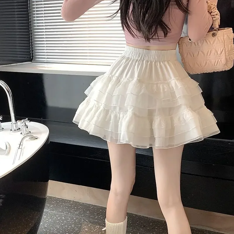New In Clothes Sweet Korean Casual Summer Trend White Lace Cake Mini Skirt Ballet Syle High Waisted Mesh Canopy Short Dress