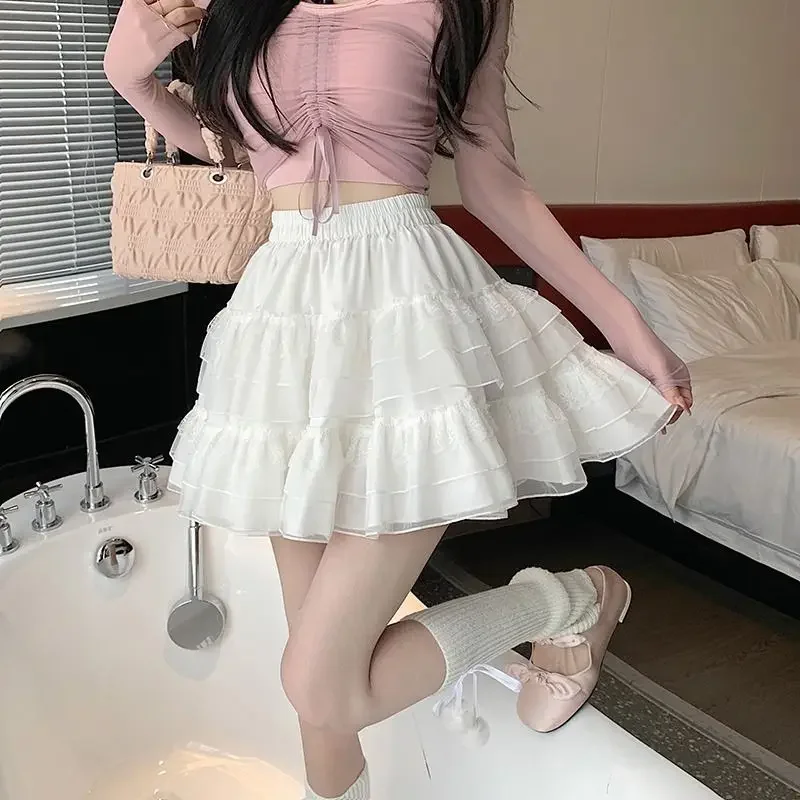 New In Clothes Sweet Korean Casual Summer Trend White Lace Cake Mini Skirt Ballet Syle High Waisted Mesh Canopy Short Dress