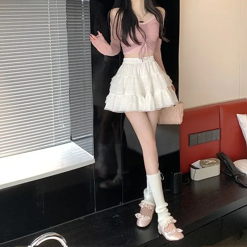 New In Clothes Sweet Korean Casual Summer Trend White Lace Cake Mini Skirt Ballet Syle High Waisted Mesh Canopy Short Dress