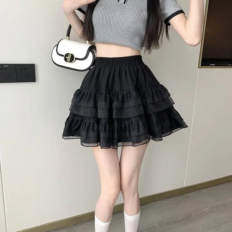 New In Clothes Sweet Korean Casual Summer Trend White Lace Cake Mini Skirt Ballet Syle High Waisted Mesh Canopy Short Dress