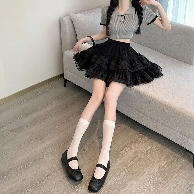 New In Clothes Sweet Korean Casual Summer Trend White Lace Cake Mini Skirt Ballet Syle High Waisted Mesh Canopy Short Dress
