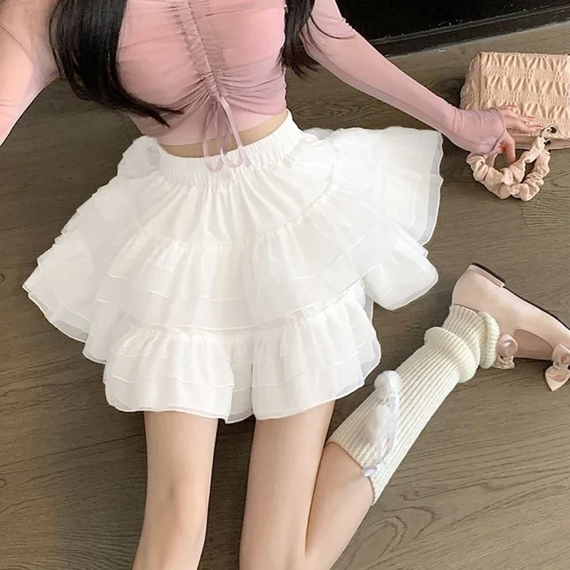 New In Clothes Sweet Korean Casual Summer Trend White Lace Cake Mini Skirt Ballet Syle High Waisted Mesh Canopy Short Dress