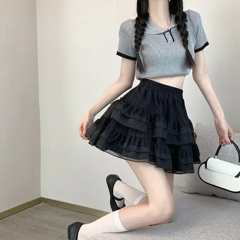 New In Clothes Sweet Korean Casual Summer Trend White Lace Cake Mini Skirt Ballet Syle High Waisted Mesh Canopy Short Dress
