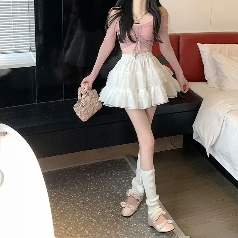 New In Clothes Sweet Korean Casual Summer Trend White Lace Cake Mini Skirt Ballet Syle High Waisted Mesh Canopy Short Dress